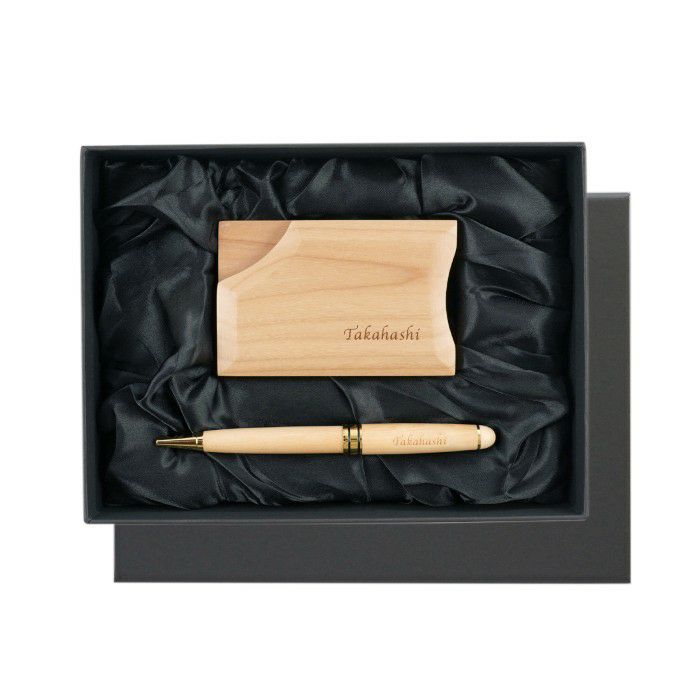 木製ボールペン&不思議な木製名刺入れギフトセットナチュラルカラー