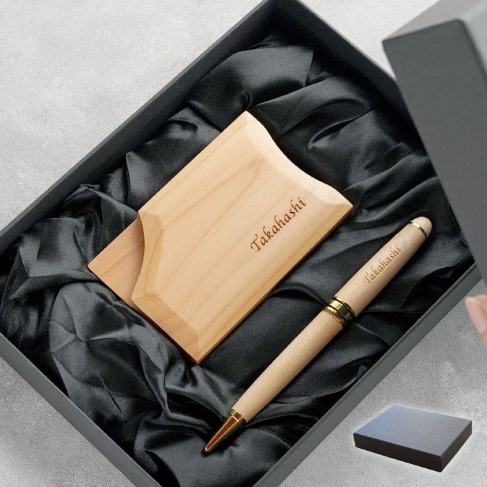 木製ボールペン&不思議な木製名刺入れギフトセットナチュラルカラー