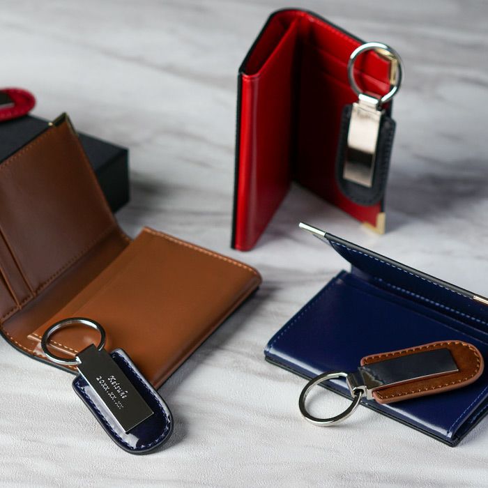 メタルプレートキーホルダー＆本革バイカラー名刺入れセット