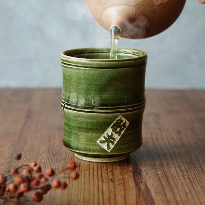 美濃焼 織部 竹筋湯呑 【単品】