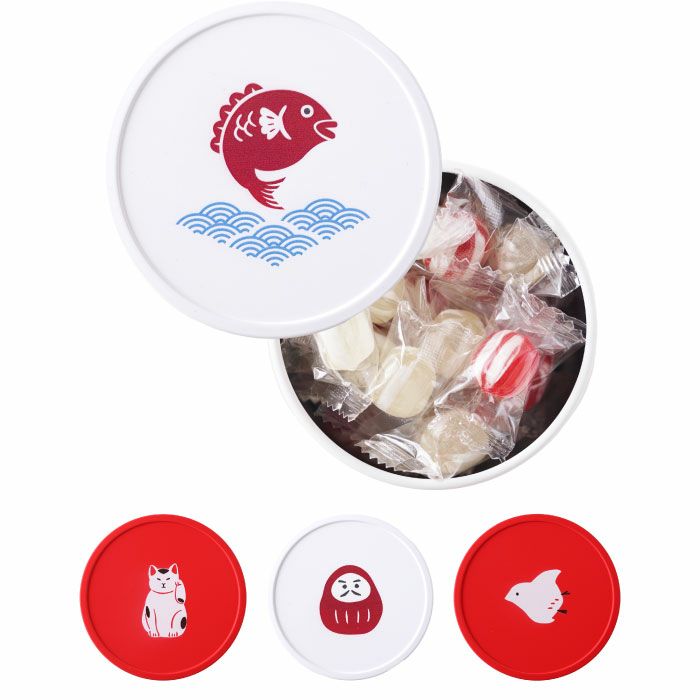  縁起 缶 M ( 紅白飴 )